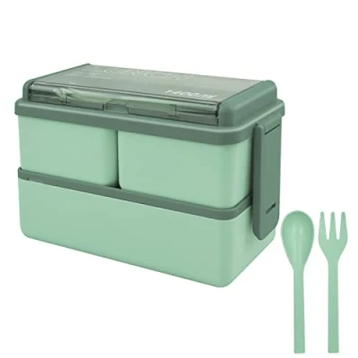 Image of Jsdoin Bento Lunch Box Stackable,1400ml Containers with 3 Removable Compartments and Cutlery, Leak Proof 2 Layer Boxes, for Adults Kids Office Microwave Dishwasher Safe Available (Green)