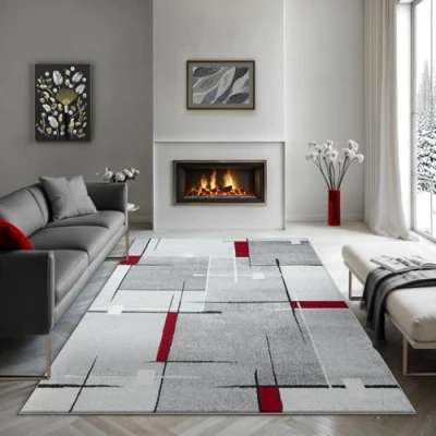 Image of the carpet Pearl Modern Dense Short Pile Living Room Bedroom Rug, Contour Cut, Geometric Pattern, Chequered, Grey Red, 140 x 200 cm