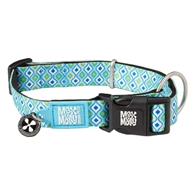 Image of Max &amp; Molly Fashion Smart ID Dog Collar, Soft Padded Neoprene, Anti Fade, Adjustable Sizing, QR Tag, Washable for Small Medium Dogs, (Neck Size 11 18) Retro Blue Design,