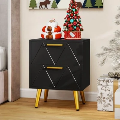 Image of YITAHOME Bedside Table with 2 Drawers and Power Station, Modern Nightstand End Gold Metal Legs Handles, Storage Side for Living Room, Bedroom, 40x30x52cm (Black)
