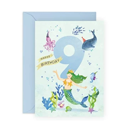 Image of Central 23 Birthday Card For Girl 9 Year Old Underwater Theme Mermaid Girls Cards Age 9th Comes With Fun Stickers Made In The UK