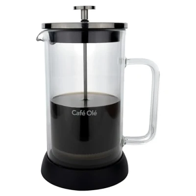 Image of Café Olé Doppio Double Walled Glass Cafetiere, French Press, Silicone Non Slip Base, 8 Espresso Cup/ 1000ml, Black