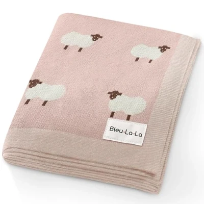 Image of Bleu La Knit Baby Swaddle Blanket 100% Cotton Soft Cozy Receiving Crib Stroller for Shower Gift Registry Newborns, Infants, Toddlers (Sheep Pink)