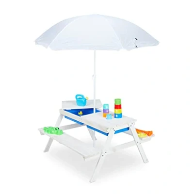 Image of Relaxdays Children&#039;s Outdoor Furniture, Garden Picnic Table with Parasol &amp; Benches, Sand Water Play, 165x128cm, White