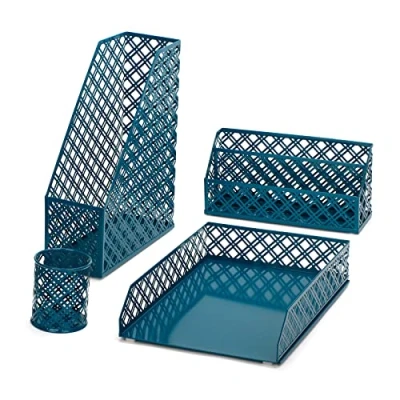 Image of EXERZ Desk Organiser 4 Pieces/Office Set/Desktop Metal Mesh Filing Including: A4 Letter Tray x 1, Magazine Rack/Upright Document Holder Sorter x1, Pen 1 (Aegean Blue)