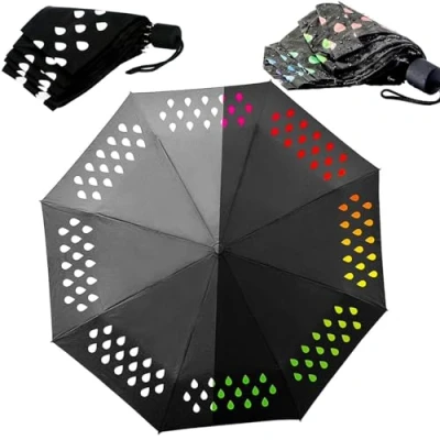 Image of LIZZIE JACOBS Colour Changing Umbrella Compact Folding Wind Resistant For Kids and Adults Rainbow Multi Colours Droplets Triple Windproof