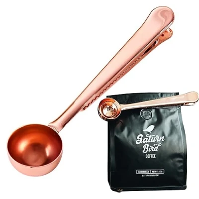 Image of MINGZE Stainless Steel Coffee Measuring Scoop, with Bag Seal Clip Spoon for Milk Powder Tea Oatmeal, Ground and Beans, Great Gift Basket Idea (Rose Gold)