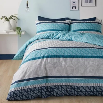 Image of Fusion Teal Blue Geometric Band Duvet Cover Single Bedding Size (140 x 200cm) Easy Care &amp; Washable Lines Print in Reversible Design Moroccan Theme