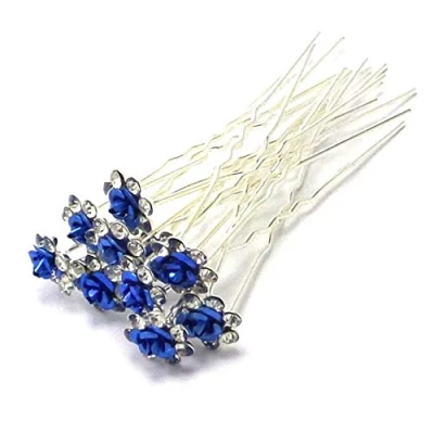 Image of A&amp;Z Rose Flower Crystal Rhinestone Wedding Bridal Hair Pins Bridesmaid Clips Pack of 10pcs (Dark Blue)