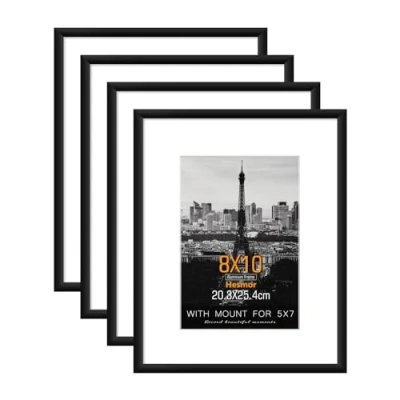 Image of Hesmor 8x10 Picture Frames in Black, Aluminum Acrylic Black Photo Frame, Set of 4, for Table Top and Wall Mounting with Mount 5 x 7 inch Prints