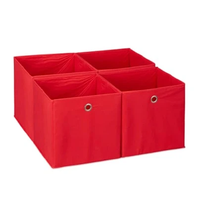 Image of Relaxdays Storage Box Set of 4, Shelf Baskets, HBD: 30x30x30 cm, Handle Holes, Foldable Organiser Bins, Red, 30 x cm