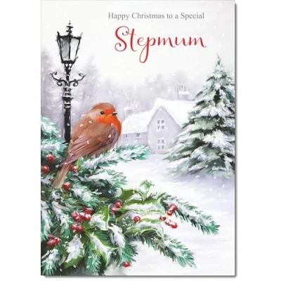 Image of doodlecards Stepmum Christmas Card Robin by Lamp Medium Size for with Plain Envelope