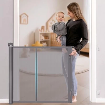 Image of Retractable Baby Gate, Upgraded Pet Gate with Fiberglass, Extends to 140 cm Wide, 84 Tall, Mesh Dog for Stairs, Indoors, Outdoors and Hallways, Grey