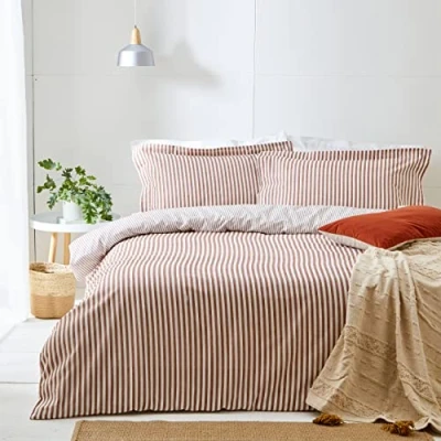 Image of The Linen Yard Hebden Striped Reversible Duvet Cover Set Red Cotton Size Double