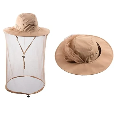 Image of HunterBee Mosquito net hat Bug Insect Hats with Netting Beekeeper Beekeeping bee Veil Safari Hiking Gardening mesh Cap Hood Khaki
