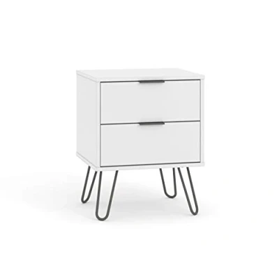 Image of Home Source Bedside Cabinet Lamp Side Table, Textured White Finish, Grey Hairpin Legs, 2 Drawer, Engineered Wood