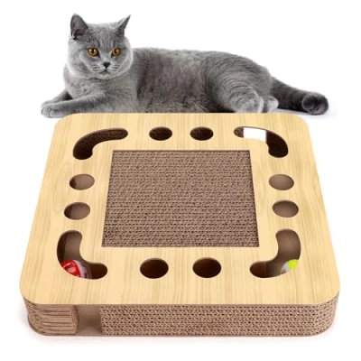 Image of Nobleza Cat Scratcher, High Density Corrugated Scratching Board, Catnip Scratcher Cardboard with 2 Bell Balls, Durable 3 in 1 Scratchers Pad Bed Toy for Indoor Cats, Size 33 * 5 cm