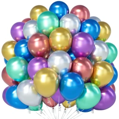 Image of Teselife Metallic Rainbow Balloons, 100Pcs 12 Inch Chrome Multicolor Latex Party Balloons for Men Women Birthday Baby Shower Anniversary Graduation Engagement Decorations