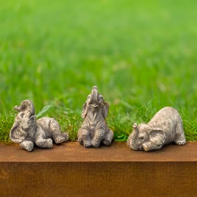 Image of Garden Mile® 3pc African Elephants Ornaments Outdoor Hand Painted Weatherproof Resin Statue and Sculpture for Pond, Patio, Garden, Living Room, Bedroom, Shelf Decoration, Indoor
