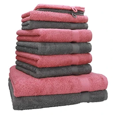 Image of Betz 10 Piece Towel Set PREMIUM 2 Wash Mitts 16x21 cm Guest Towels 30x50 4 Hand 50x100 Bath 70x140 100% Cotton colour anthracite grey and old rose