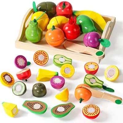 Image of yoptote Wooden Food Toys Play for 2 Year Old Boy Girls Sets Children Kitchen Toy Accessories Cutting Fruit Toddlers Gift 3 4