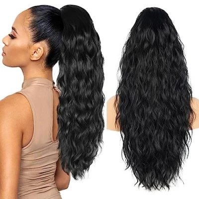 Image of 26 Inch Black Ponytail Extension, Long Wavy Hair Extensions, Synthetic Pieces for Women, Soft Natural Pony Tails Drawstring Extension Daily Use (Color: Black)