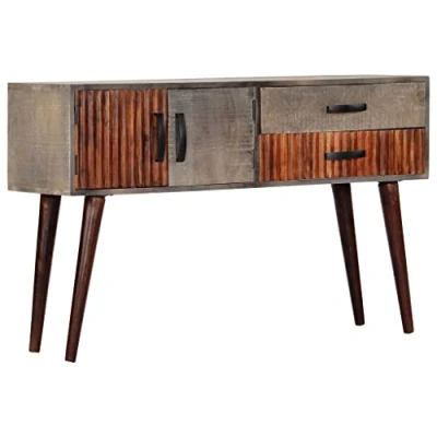 Image of vidaXL Console Table Solid Rough Mango Wood, Grey with 2 Doors, Drawers and Sturdy Legs, Lacquered Polished Finish for Home Decor