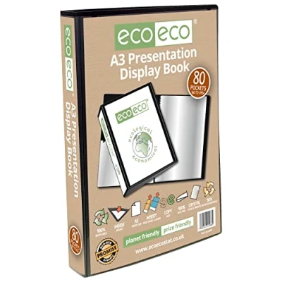 Image of eco A3 Size 50% Recycled 80 Pockets Black Presentation Display Book, Storage Case Portfolio Art Folder with Plastic Sleeves, eco068