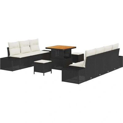 Image of vidaXL 10 Piece Garden Sofa Set with Cushions Black Poly Rattan Acacia