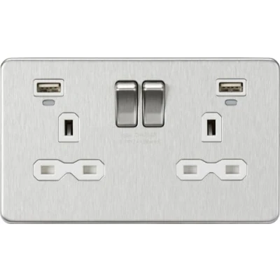 Image of KnightsBridge 13A 2G Switched Sockets, Dual USB (2.4A) with LED Charge Indicators Brushed Chrome White Insert