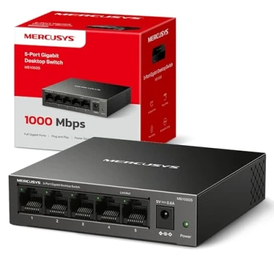 Image of MERCUSYS 5 Port Gigabit Desktop Switch, 5x 10/100/1000Mbps Ports, Multiple Installation, Auto Negotiation, MDI/MDIX, Power Saving, Metal case, Plug &amp; Play, No Configuration Required (MS105GS)