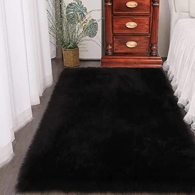 Image of ABWXN Faux Fur Rug 60x90 cm Fluffy Sheepskin Rug, Furry Shaggy Rugs for Bedside Bedroom Living Room Sofa Black