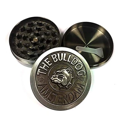 Image of The bulldog 3 part embossed silver metal grinder with diamond shaped teeth for a fine grind