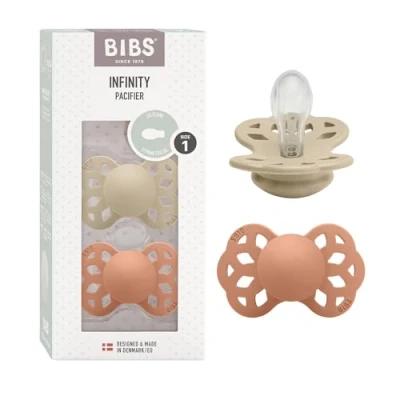 Image of BIBS Infinity Symmetrical Soother 2 Pack, BPA Free, Nipple, Silicone, Nipple. Made in Denmark, 0 6 Months (Pack of 2), Vanilla/Peach
