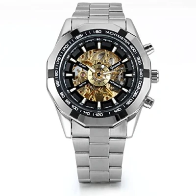 Image of JewelryWe Mens Skeleton Wrist Watch: Classic Mechanical Automatic Watch Black Bezel Dial Stainless Steel Steampunk Dress for Fathers Day Valentines Birthday