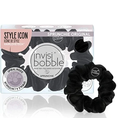 Image of invisibobble Sprunchie Spiral Hair Ring True Black 2 Pack Scrunchie Stylish Bracelet, Strong Elastic Grip Coil Accessories for Women Gentle Girls Teens and Thick