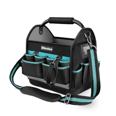 Image of DURATECH Tote Tool Bag 30.5 x 22 30 cm Heavy Duty 900D Open Electricians with Rotatable Steel Tube Grip and Adjustable Shoulder Strap Plumbers Multiple Pockets