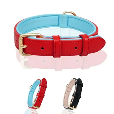 Image of Ohmywor Dog Collar Leather for Small Medium Large Dog, Red Soft with Padded Heavy Duty D Ring Adjustable Collar, S