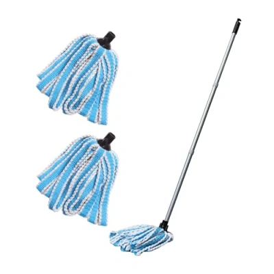 Image of Addis Mega 100% Microfibre AntiBac 3 pcs Handle &amp; Twin Extra Mop Refill Pack, Blue Metallic, Metallic/Blue, 15.5 x 146 cm