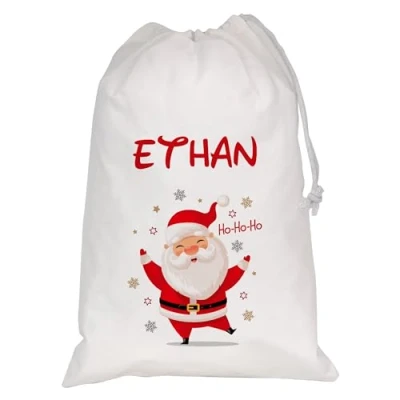 Image of Personalised Christmas Sack Xmas Santa Reindeer White Custom Name Gift Bag for Kids &amp; Adults Festive Large Reusable Holiday Present (Santa)