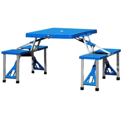 Image of Deuba Blue Folding Table Set, Aluminium, 4 Chairs, Plastic, Rectangular, Outdoor Portable Camping Picnic with Parasol Holder, 137 x 85 65 cm