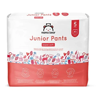 Image of Amazon Brand Mama Bear Super Soft Junior Nappy Pants, Size 5 (13 20kg), 80 Count (2 Packs of 40), White