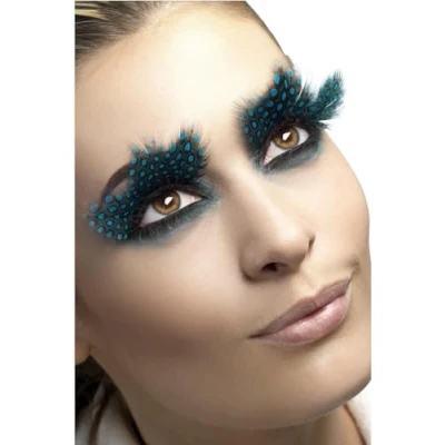 Image of Smiffys Eyelashes, Large Feather with Aqua Dots, Black Contains Glue, Fever Eyelashes Fancy Dress, Dress Up Cosmetics &amp; Disguises.