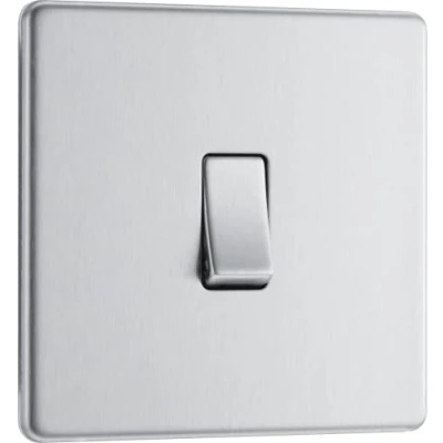 Image of BG Electrical Single Wall Light Switch, 2 Way, Screwless Front Plate, Slim Profile, Premium Flatplate, Brushed Steel, 20A, 16AX, FBS12