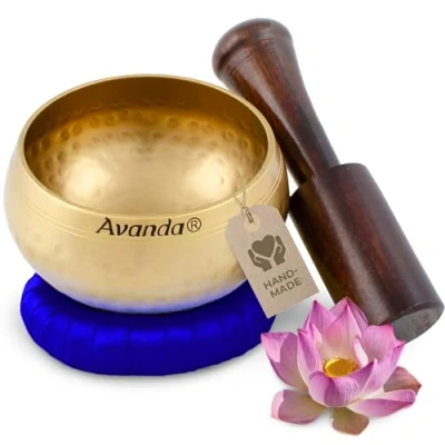 Image of Tibetan singing bowl set for yoga, meditation and relaxation hammered Ø 8 cm (3 in), mango wood mallet ring cushion, blue