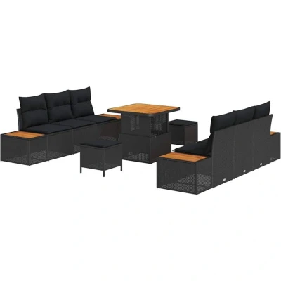 Image of vidaXL 9 Piece Garden Sofa Set with Cushions Black Poly Rattan Acacia