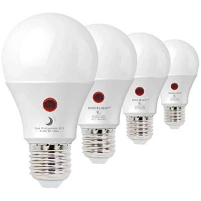 Image of SINCELIGHT Dusk to Dawn LED Light Bulb 9W with Dual Photocell Sensors, ON/Off Automatic Depends on the Daylight Level, Outdoor Night from Till Dawn, Security Bulbs, Cool White 6000K, 4 Pack