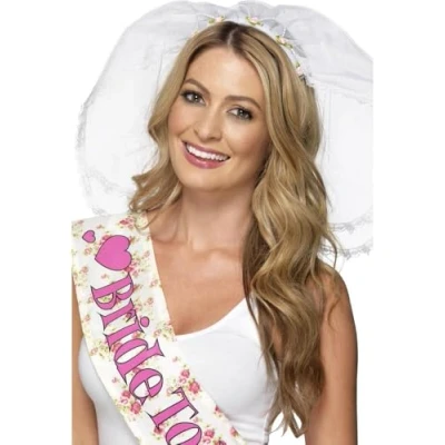 Image of Smiffys Hen Night Veil, White with Headband, &amp; Stag Fancy Dress, Party Dress Up stag/adult items