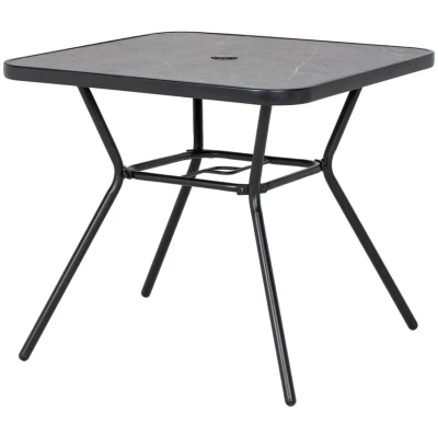 Image of Outsunny 80x80cm Outdoor Dining Table, Faux marbled Garden Table with Umbrella Hole, Square Patio Steel Frame for Porch, Balcony, Black