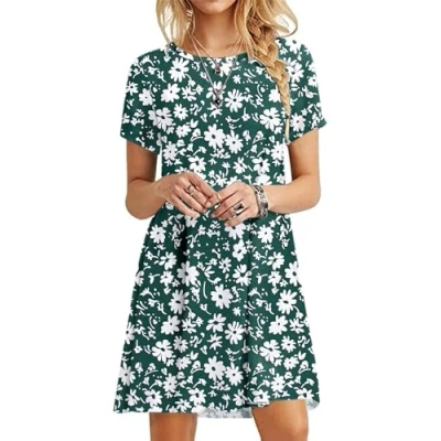 Image of MOLERANI Summer Dresses for Women UK Round Neck Casual T Shirt Dress Short Sleeve Ladies Beach Green Diasy 2XL